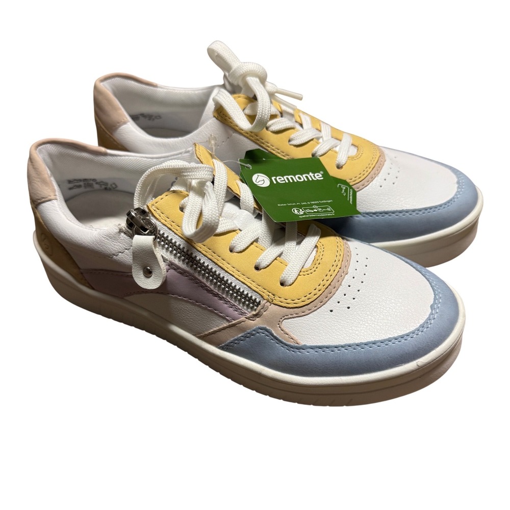 Remonte Women Pastel Colorblock Leather Sneakers Side Zip Low Top White Yellow
